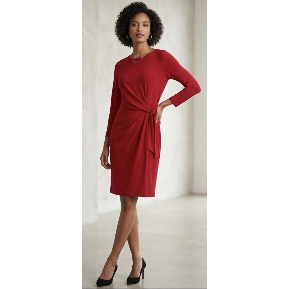 NWT Kasper Fire Red Midi Sheath Dress 3/4 Sleeve Side Tie Stretchy Size Large